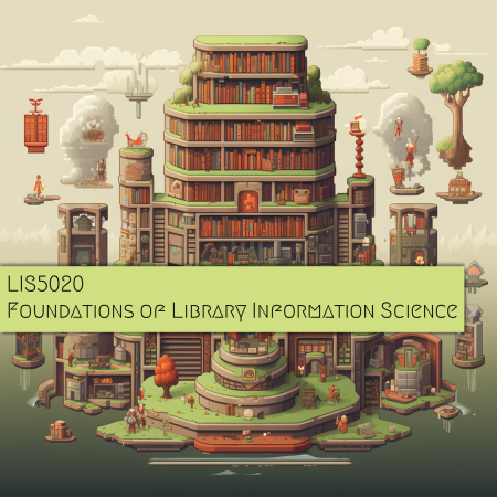 An AI-generated image of a pixel-art style landscape with pillar-shaped islands floating in a featureless sea, filled with books, bookshelves, and people. A banner reading "LIS5020: Foundations of Library Information Science" is across the center.