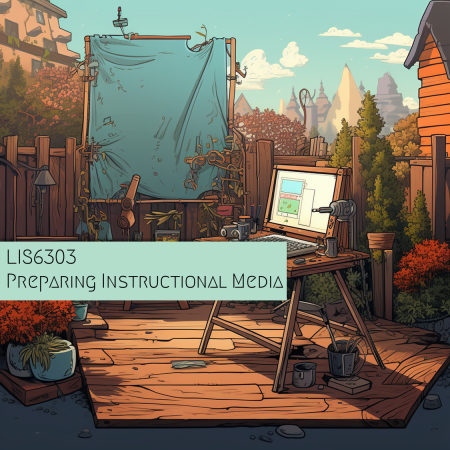 An AI-generated color illustration of a wooden desk in a backyard with a computer on a cozy deck surrounded by autumnal flowers and shrubs with mountains and blue skies in the background. A banner reading "LIS6303: Preparing Instructional Media" is across the center.